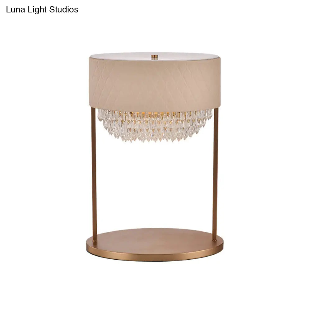 Modernist Gold Tiered Desk Lamp With Crystal Faceted Table Light & Leather Shade