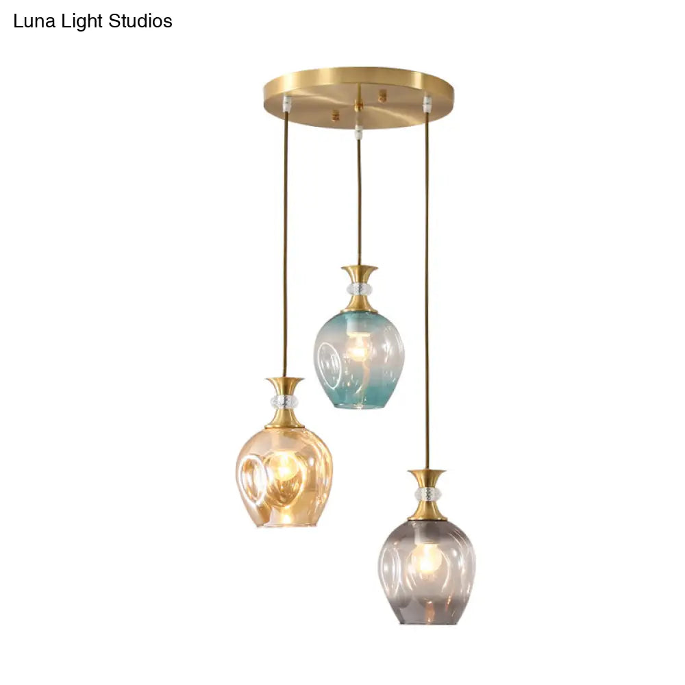 Modernist Gold Tulips Pendant Light With 3 Tan-Blue-Grey Dimpled Glass Heads Ceiling Lamp