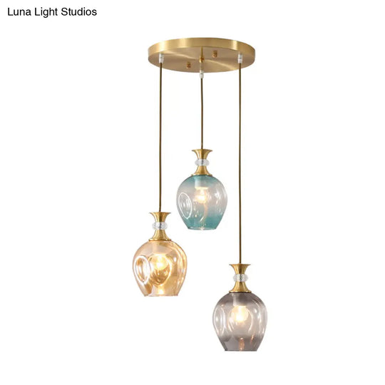 Modernist Gold Tulips Pendant Light With 3 Tan-Blue-Grey Dimpled Glass Heads Ceiling Lamp