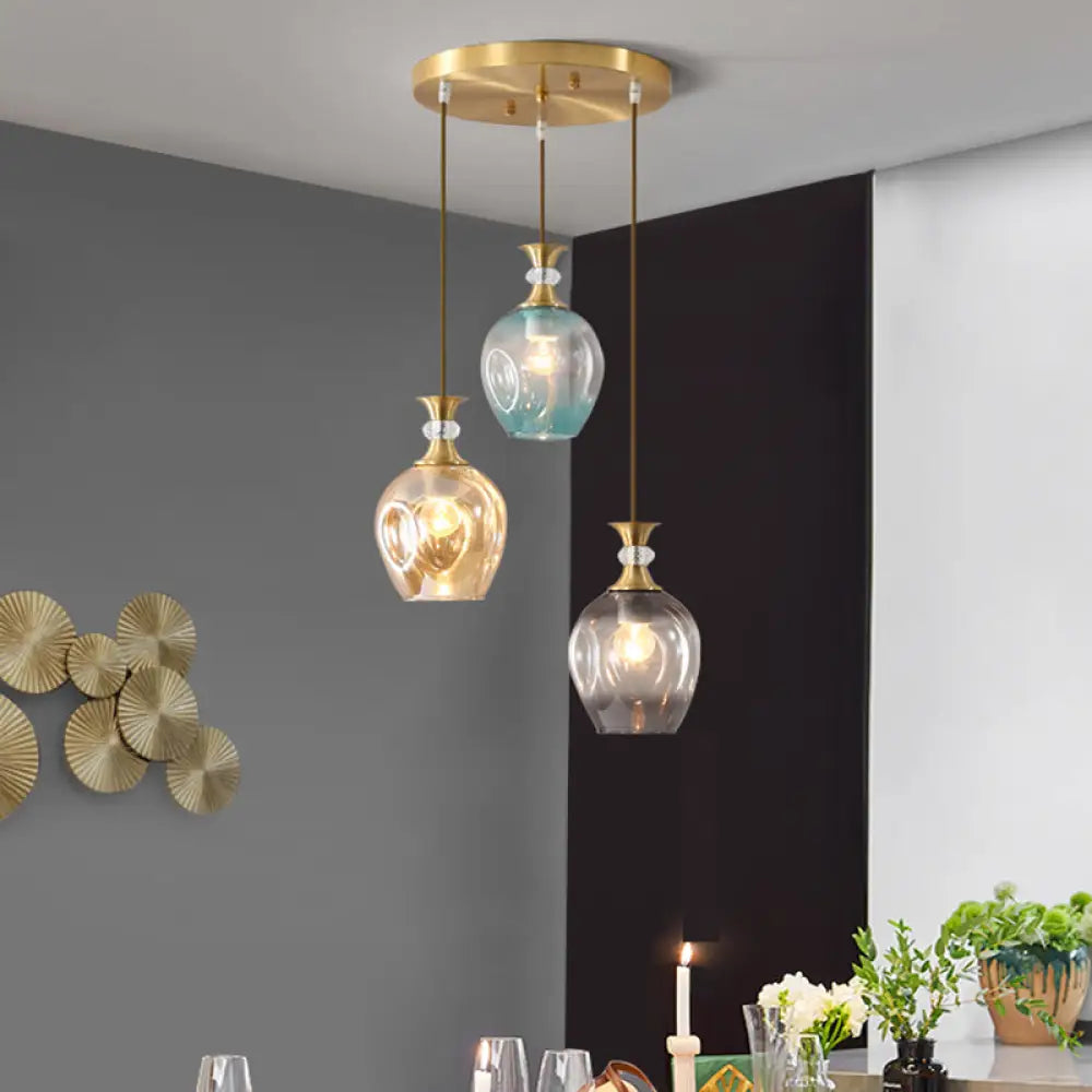 Modernist Gold Tulips Pendant Light With 3 Tan-Blue-Grey Dimpled Glass Heads Ceiling Lamp