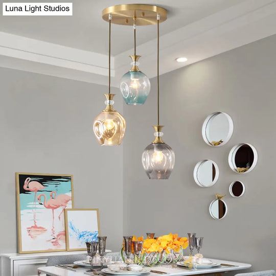 Modern Dimpled Glass Cluster Pendant Light - Gold Tulips 3-Headed Tan-Blue-Grey Ceiling Lamp