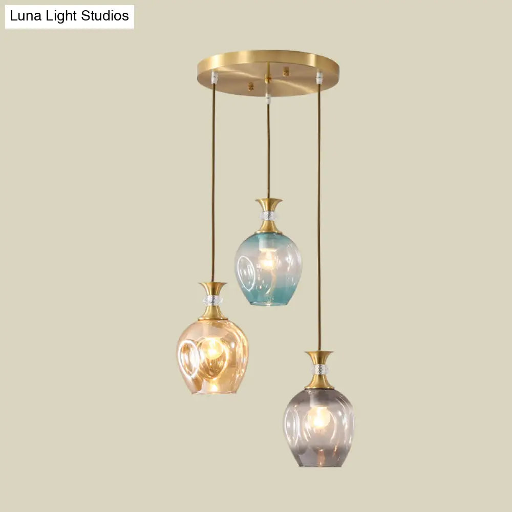 Modernist Gold Tulips Pendant Light With 3 Tan-Blue-Grey Dimpled Glass Heads Ceiling Lamp