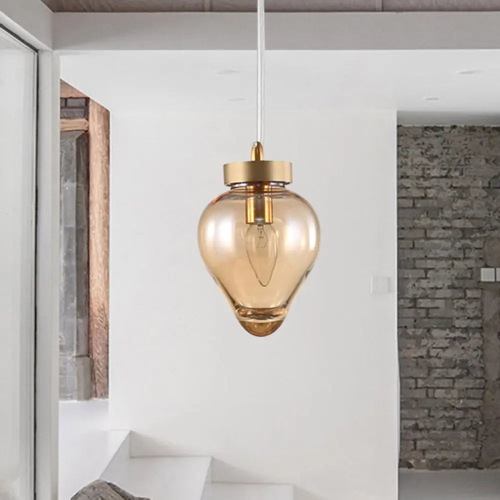 Modernist Gold Urn Pendant Lamp With Amber Glass - Perfect For Dining Room