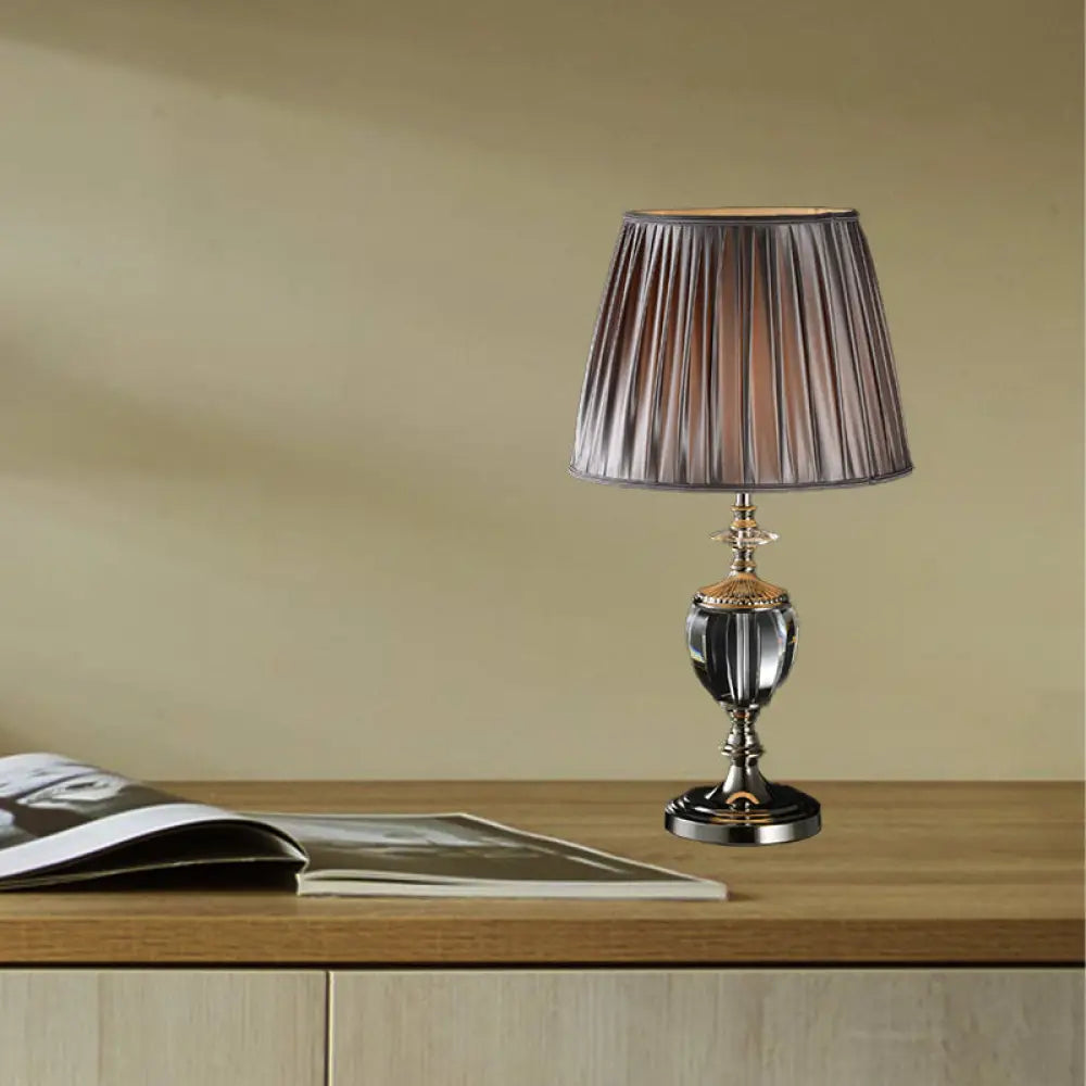 Modernist Grey Crystal Table Lamp With Tapered Drum Shade - 1 Head Fabric Light For Reading