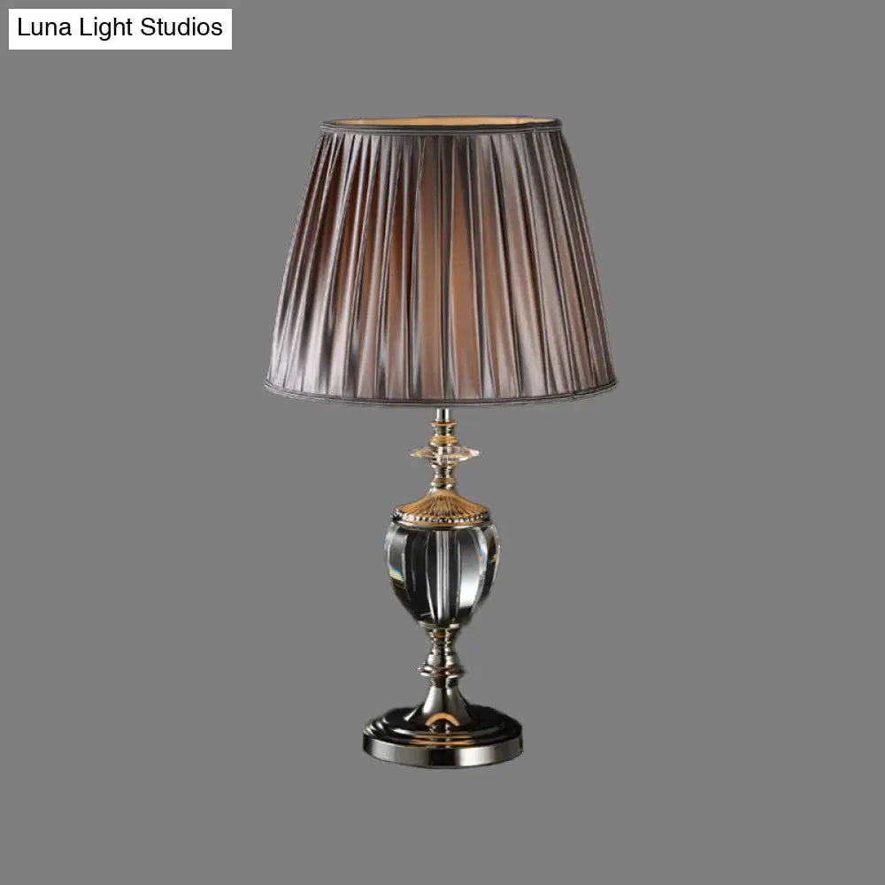 Modernist Grey Crystal Table Lamp With Tapered Drum Shade - 1 Head Fabric Light For Reading