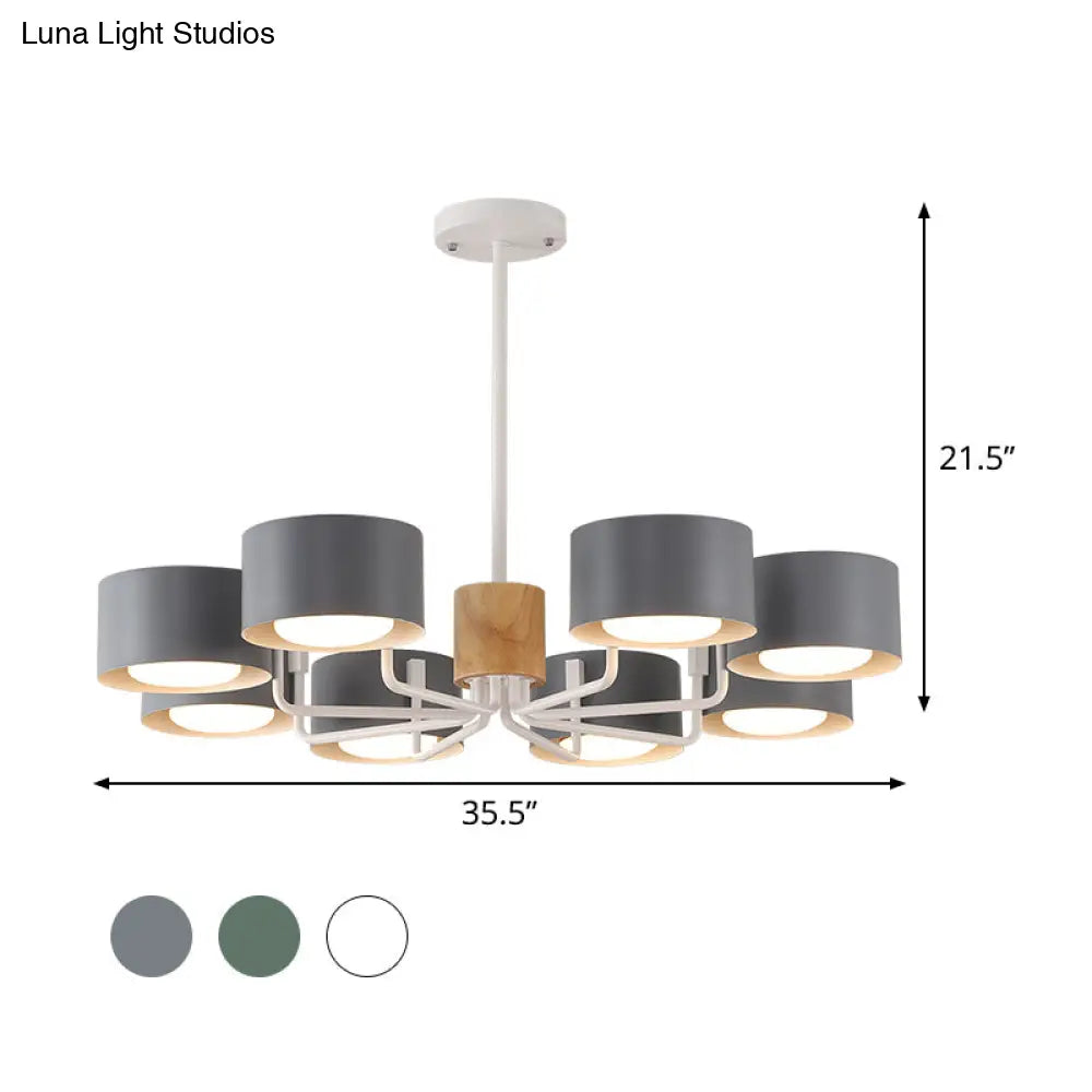 Modernist Grey/Green/White Living Room Chandelier - 8 Heads Radial Pendant Light With Drum Iron