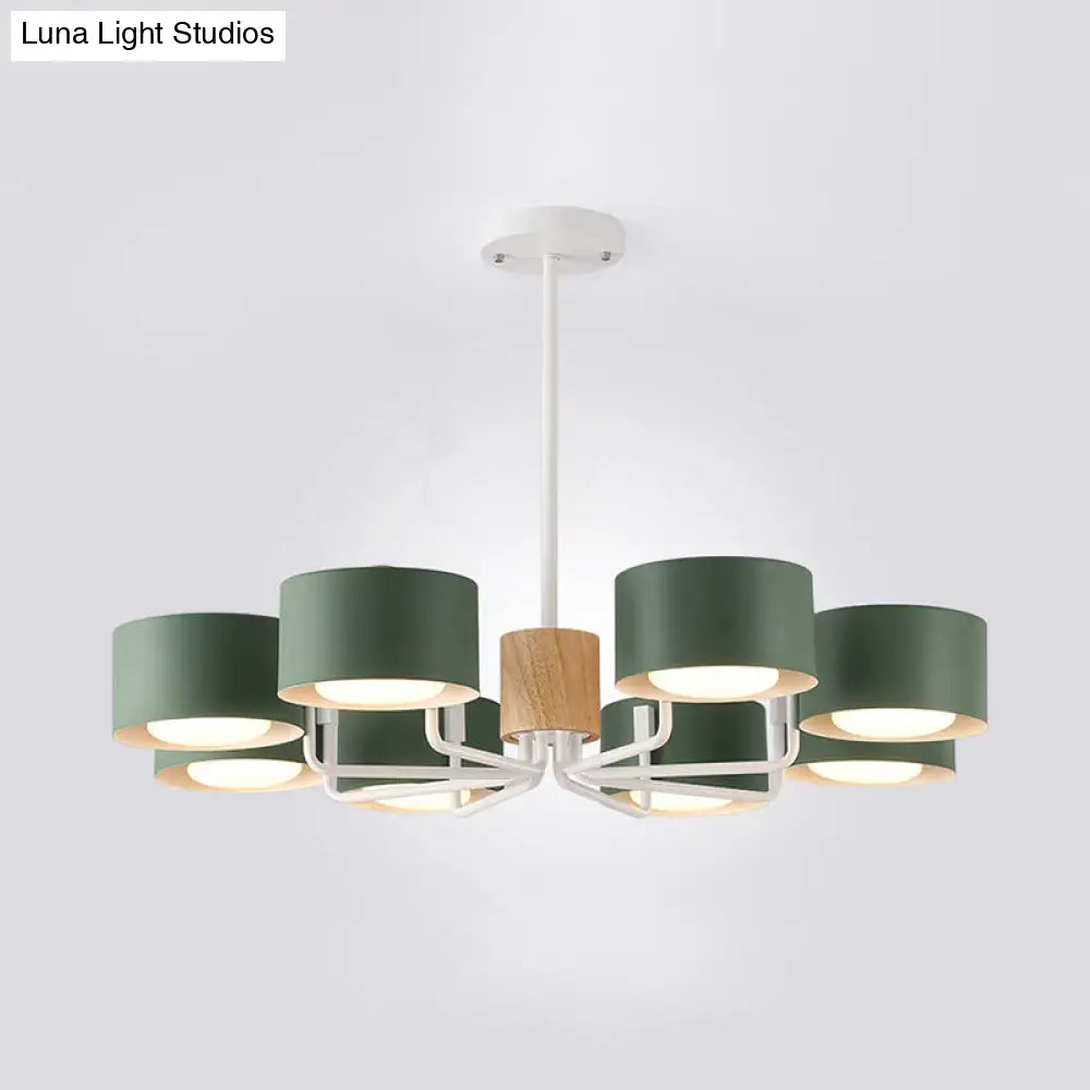 Modernist Grey/Green/White Living Room Chandelier - 8 Heads Radial Pendant Light With Drum Iron