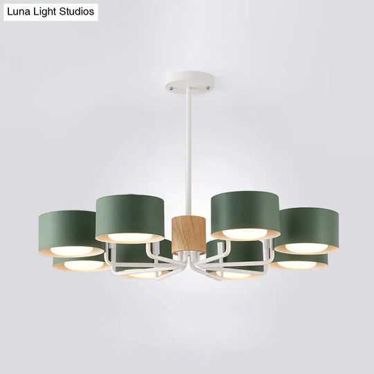 Modernist Grey/Green/White Living Room Chandelier - 8 Heads Radial Pendant Light With Drum Iron