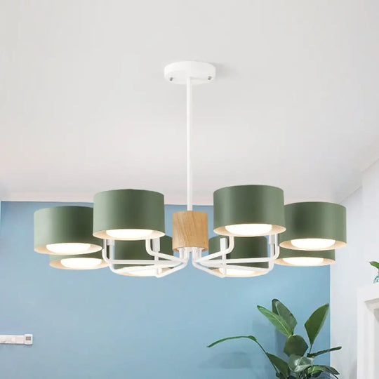 Modernist Grey/Green/White Living Room Chandelier - 8 Heads Radial Pendant Light With Drum Iron