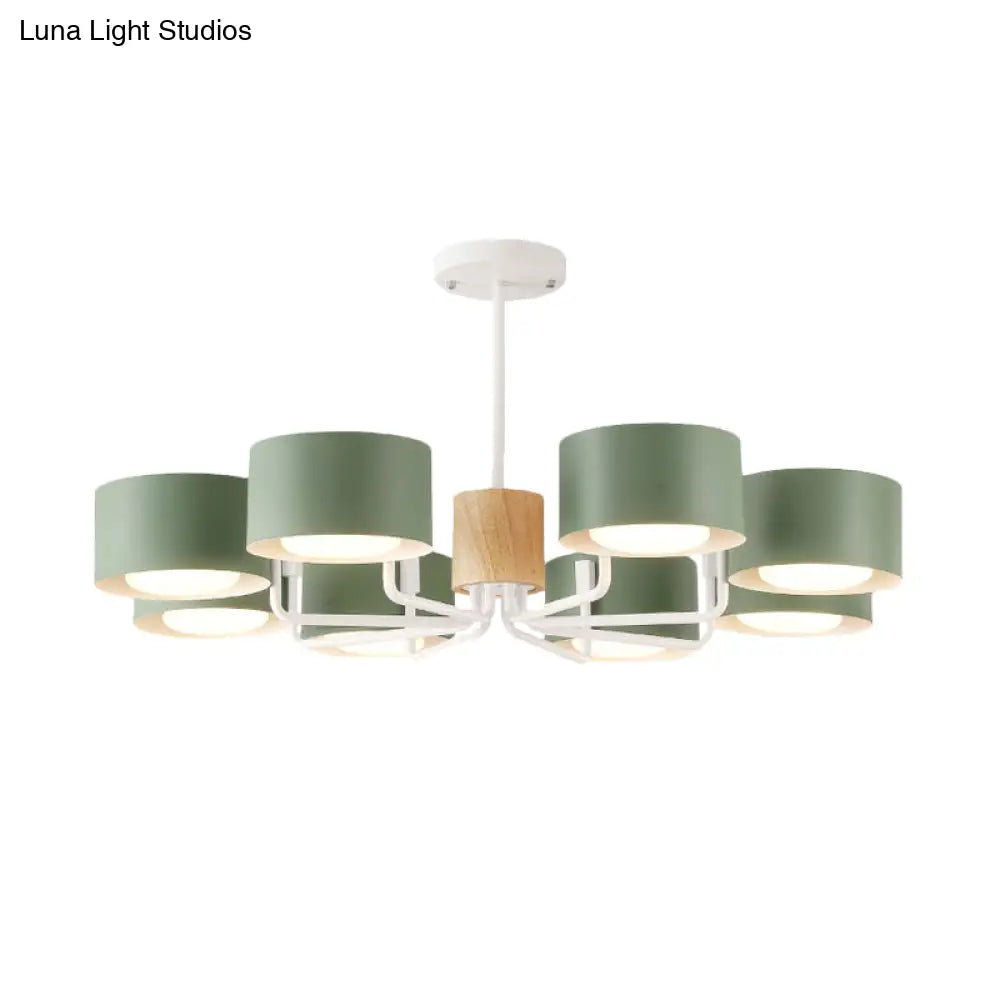 Modernist Grey/Green/White Living Room Chandelier - 8 Heads Radial Pendant Light With Drum Iron