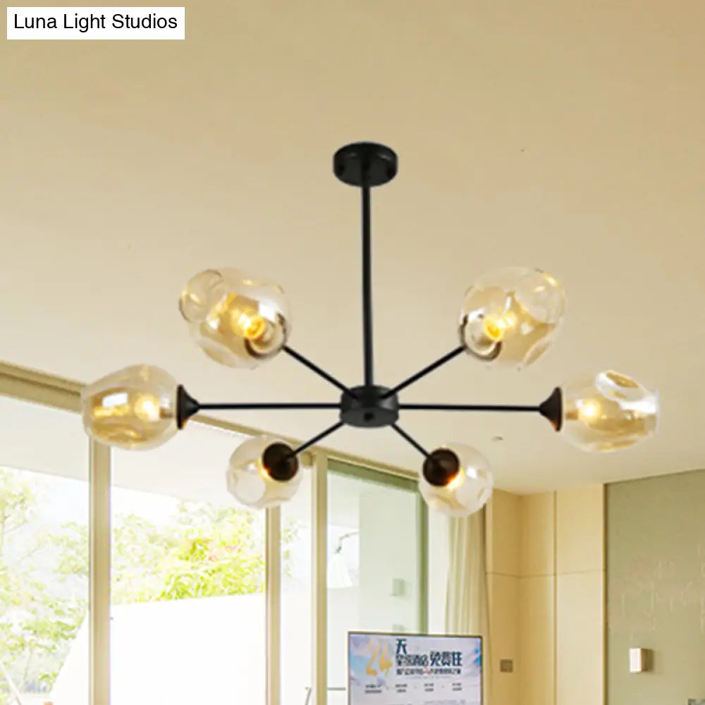 Modernist Hanging Chandelier - Black/Chrome Sputnik Suspension Pendant With Blue/Amber Glass Shade