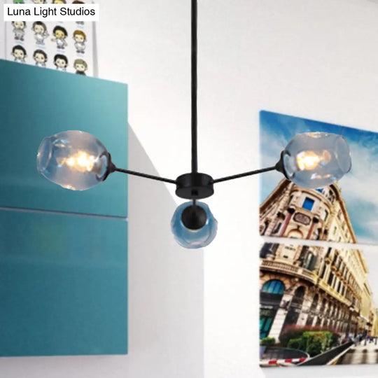 Modernist Hanging Chandelier - Black/Chrome Sputnik Suspension Pendant With Blue/Amber Glass Shade