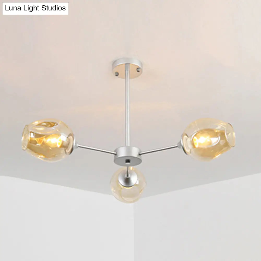 Modernist Hanging Chandelier - Black/Chrome Sputnik Suspension Pendant With Blue/Amber Glass Shade