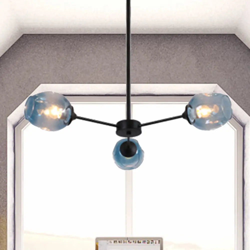 Modernist Hanging Chandelier - Black/Chrome Sputnik Suspension Pendant With Blue/Amber Glass Shade