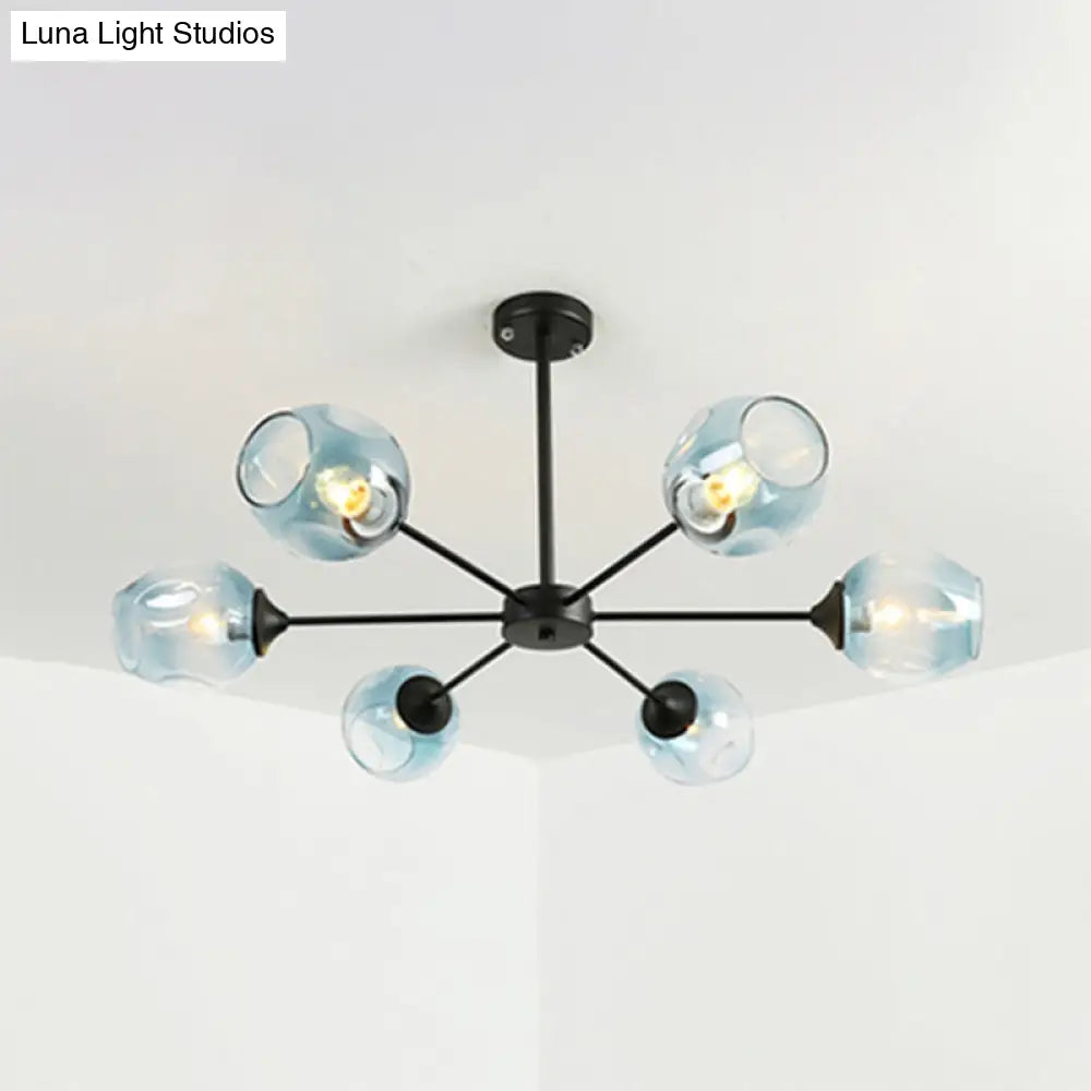 Modernist Hanging Chandelier - Black/Chrome Sputnik Suspension Pendant With Blue/Amber Glass Shade