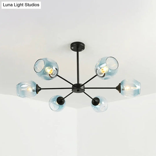 Modernist Hanging Chandelier - Black/Chrome Sputnik Suspension Pendant With Blue/Amber Glass Shade