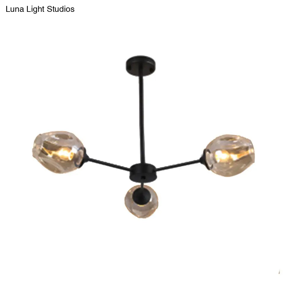 Modernist Hanging Chandelier - Black/Chrome Sputnik Suspension Pendant With Blue/Amber Glass Shade