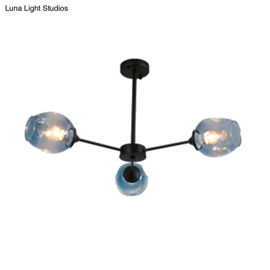 Modernist Hanging Chandelier - Black/Chrome Sputnik Suspension Pendant With Blue/Amber Glass Shade