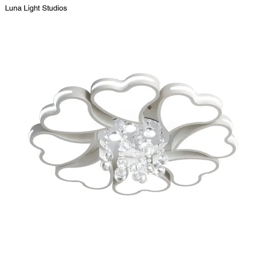 Modernist Heart Flush Light Metallic Ceiling Fixture With Crystal Accent - White 6/8 Bulbs