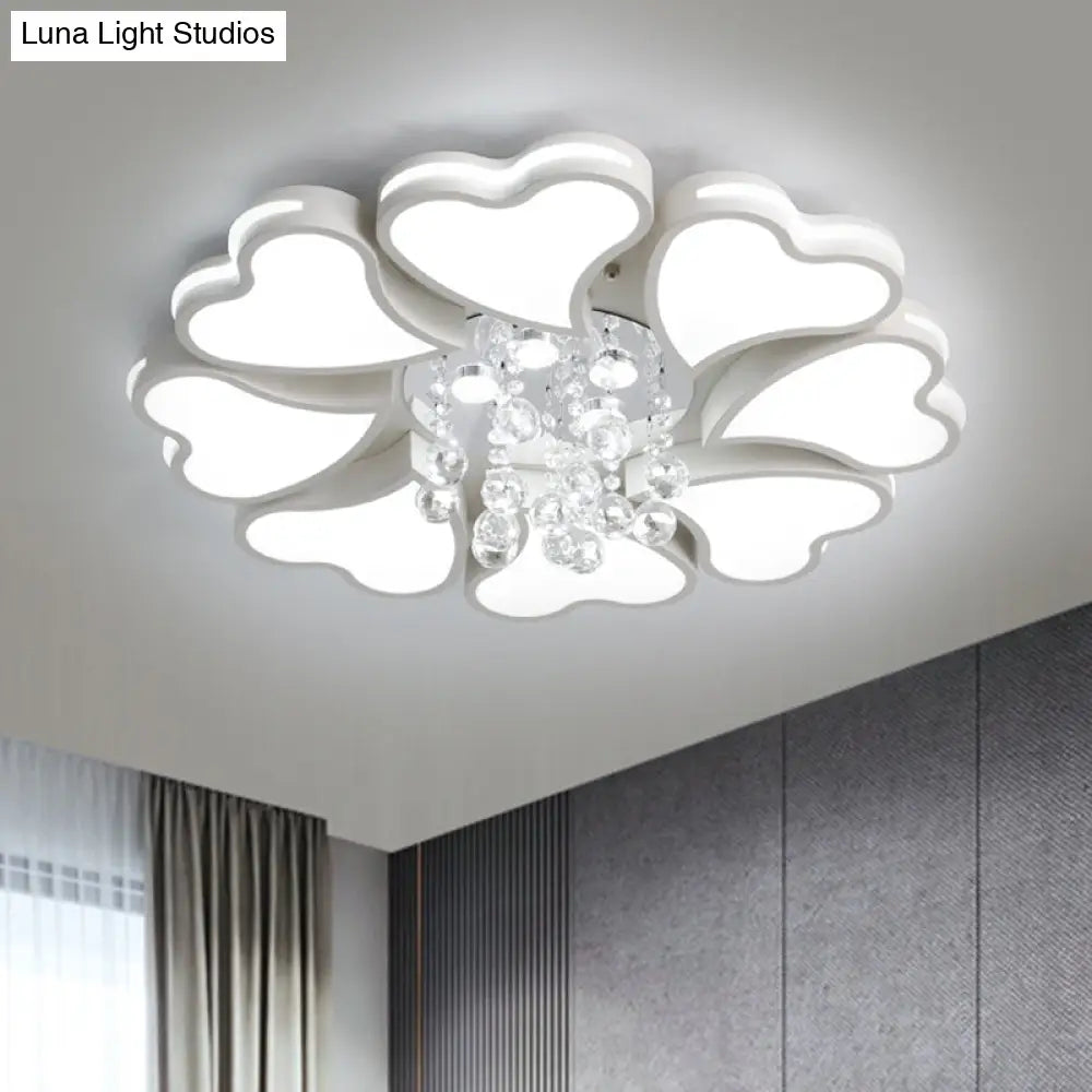 Modernist Heart Flush Light Metallic Ceiling Fixture With Crystal Accent - White 6/8 Bulbs