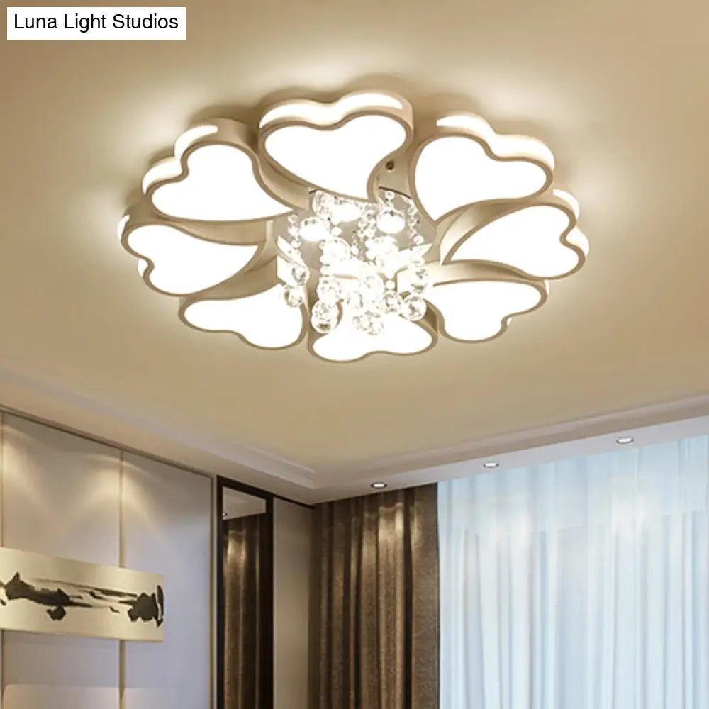 Modernist Heart Flush Light Metallic Ceiling Fixture With Crystal Accent - White 6/8 Bulbs 8 /