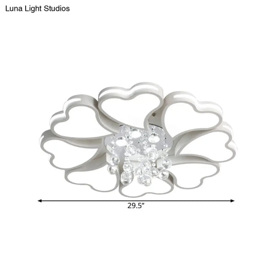 Modernist Heart Flush Light Metallic Ceiling Fixture With Crystal Accent - White 6/8 Bulbs