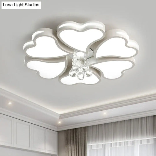 Modernist Heart Flush Light Metallic Ceiling Fixture With Crystal Accent - White 6/8 Bulbs