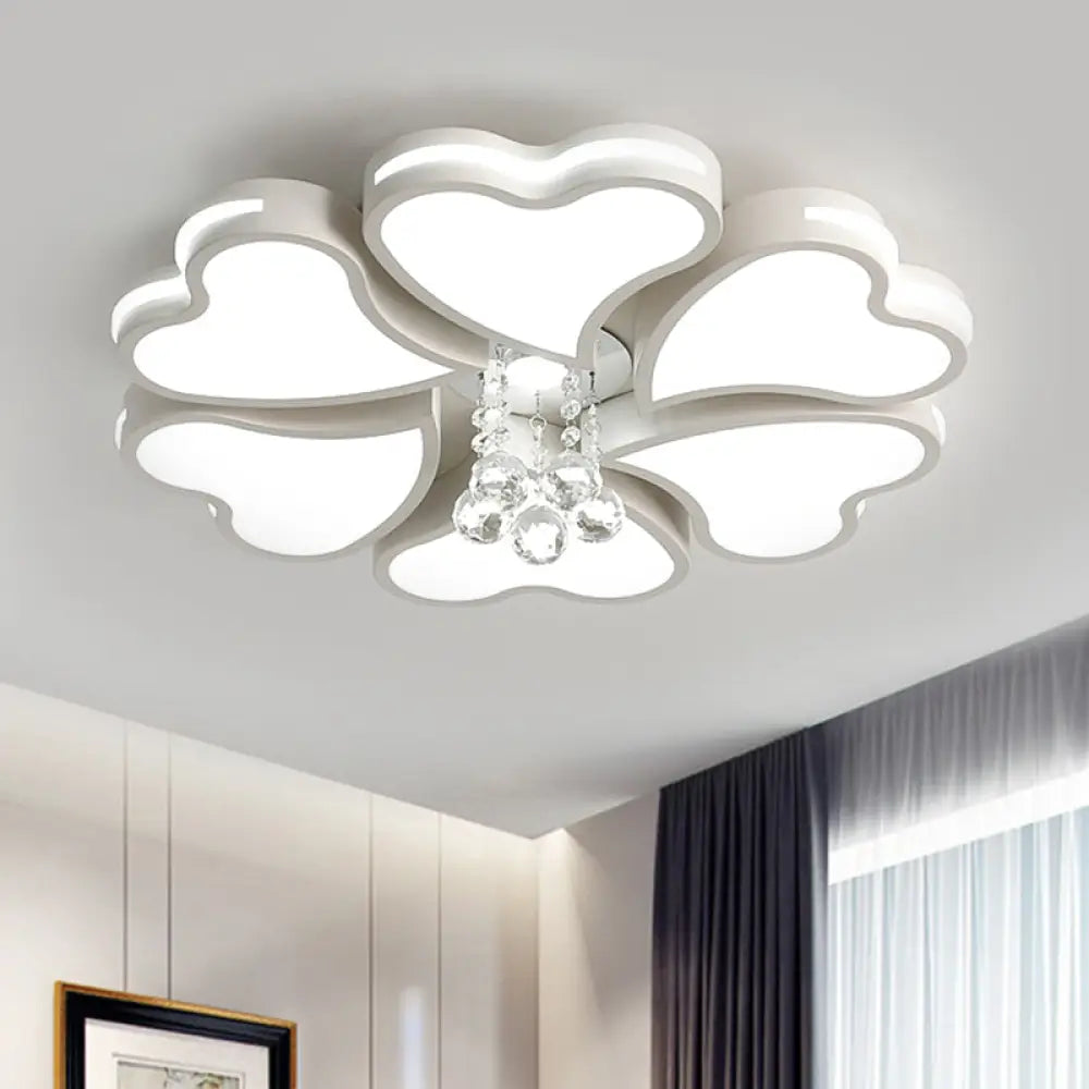 Modernist Heart Flush Light Metallic Ceiling Fixture With Crystal Accent - White 6/8 Bulbs 6 /