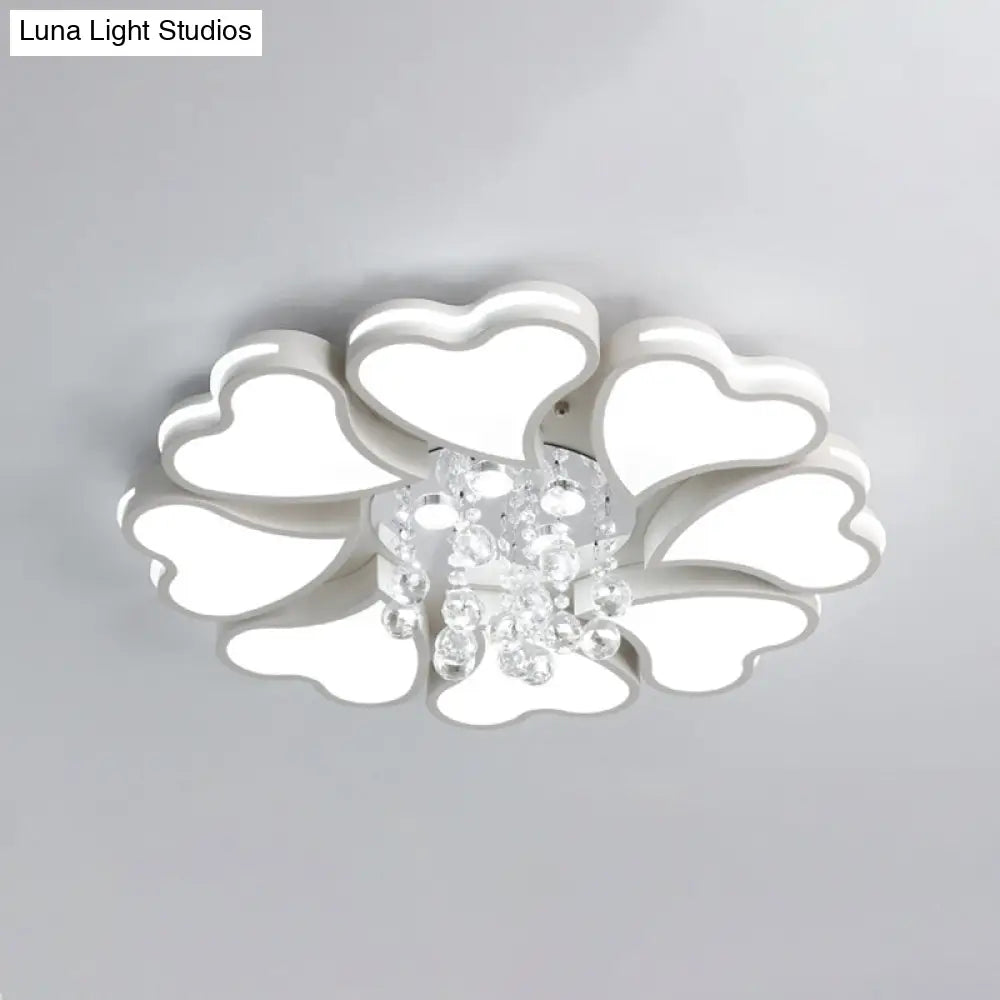 Modernist Heart Flush Light Metallic Ceiling Fixture With Crystal Accent - White 6/8 Bulbs