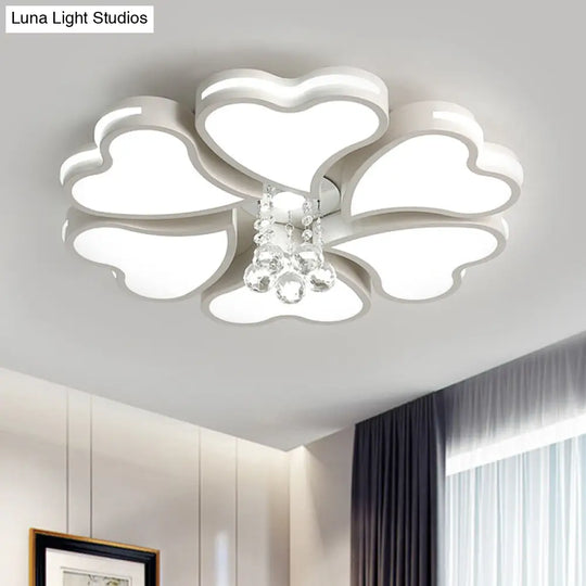 Modernist Heart Flush Light Metallic Ceiling Fixture With Crystal Accent - White 6/8 Bulbs 6 /