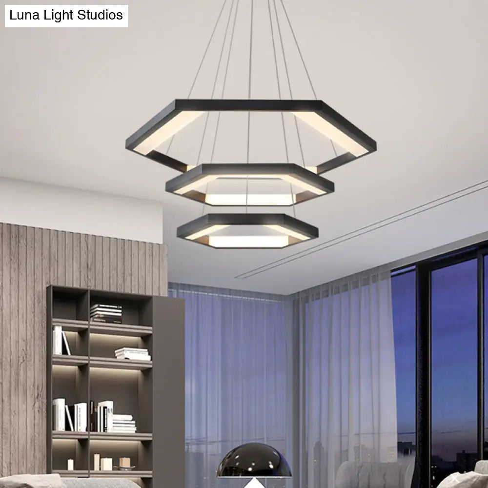 Modernist Hexagon Acrylic Chandelier - Black Led Ceiling Light With White/Warm 1/2/3 Lights