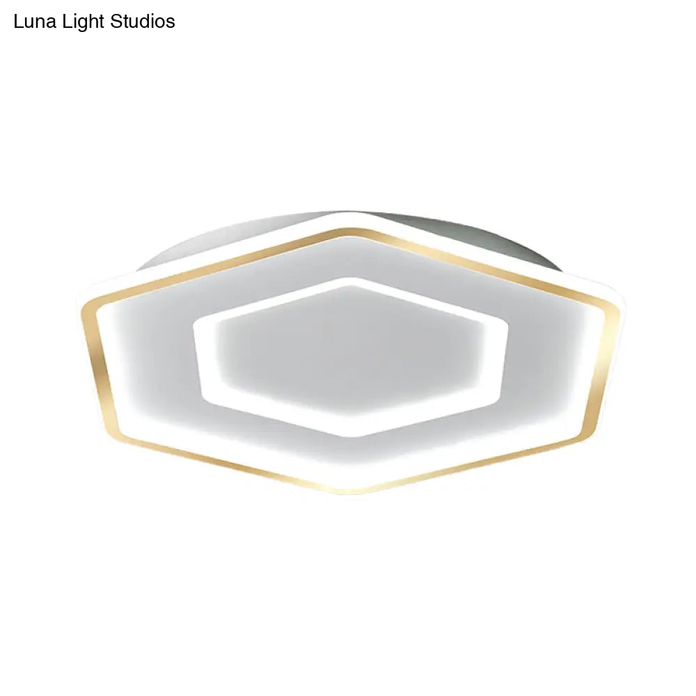 Modernist Hexagon Flush Pendant Ceiling Light In White/Gold Acrylic Led 16.5’/20.5’ Wide