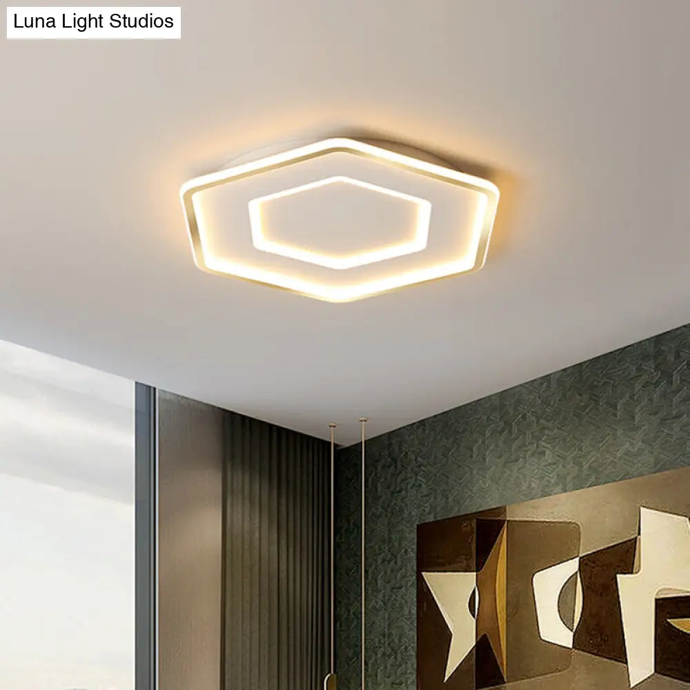 Modernist Hexagon Flush Pendant Ceiling Light In White/Gold Acrylic Led 16.5/20.5 Wide White-Gold /
