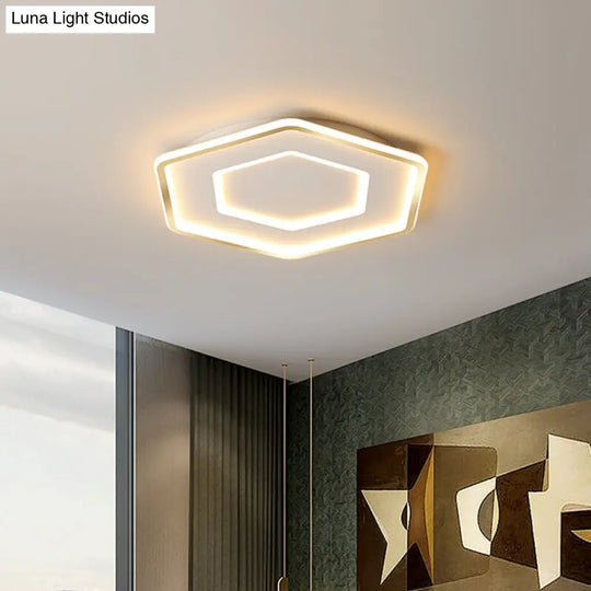 Modernist Hexagon Flush Pendant Ceiling Light In White/Gold Acrylic Led 16.5/20.5 Wide White-Gold /