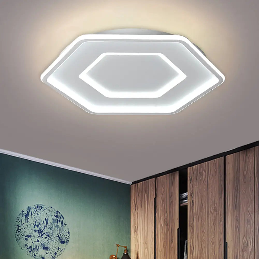 Modernist Hexagon Flush Pendant Ceiling Light In White/Gold Acrylic Led 16.5’/20.5’ Wide White