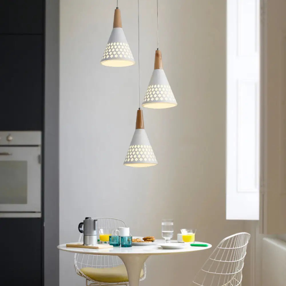 Modernist Iron Cone Cluster Pendant Light With Hollow Out Grid Design - White And Wood