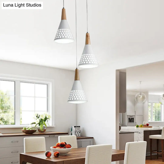 Modernist 3-Head Cone Pendant Light: Iron Cluster Lamp With Hollow Out Grid Design In White And Wood