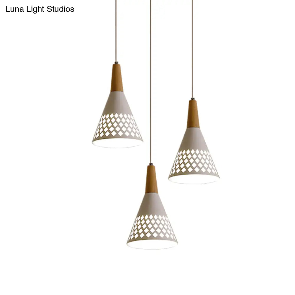 Modernist Iron Cone Cluster Pendant Light With Hollow Out Grid Design - White And Wood