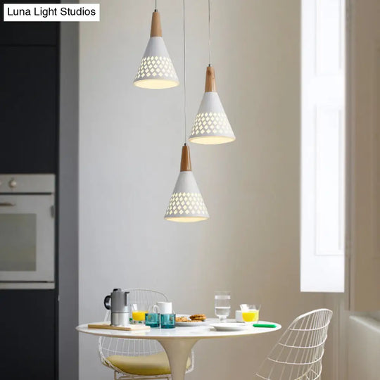 Modernist 3-Head Cone Pendant Light: Iron Cluster Lamp With Hollow Out Grid Design In White And Wood