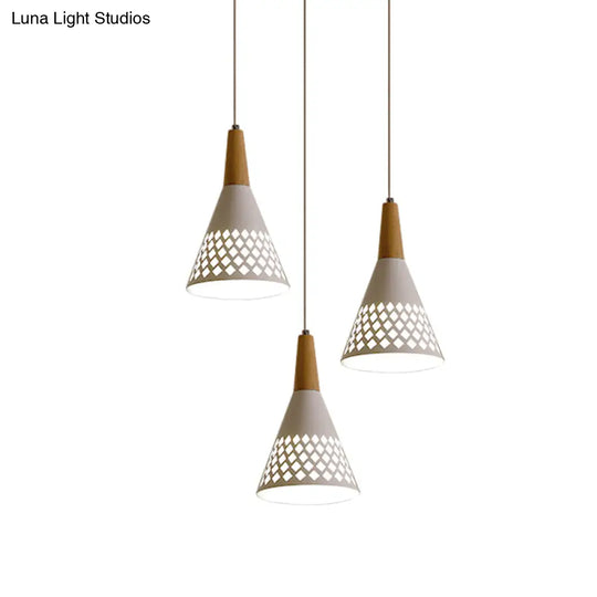 Modernist 3-Head Cone Pendant Light: Iron Cluster Lamp With Hollow Out Grid Design In White And Wood