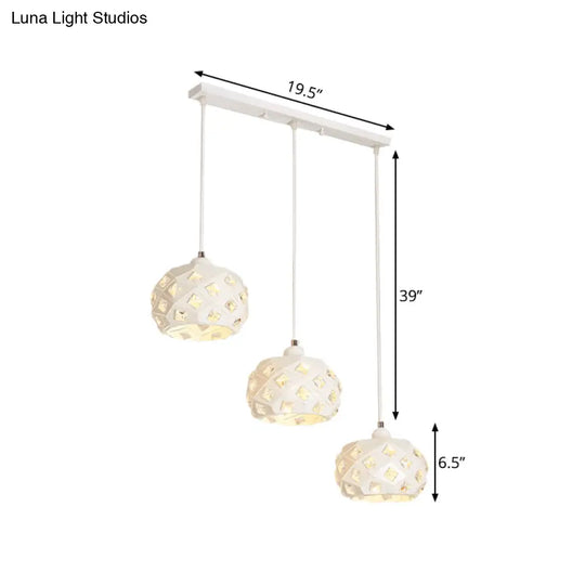 Modernist Iron Drum Multiple Hanging Lamp With Down Lighting - White Finish Crystal Accents 3 Lights