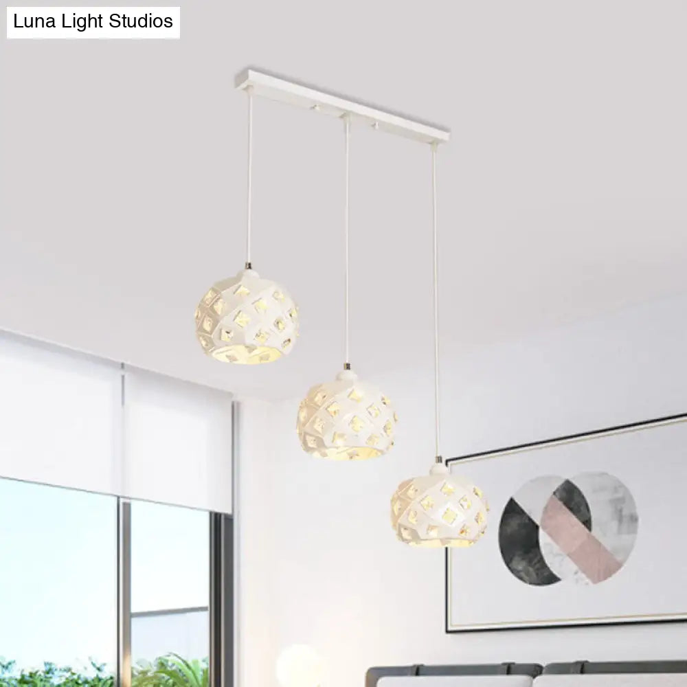 Modernist Iron Drum Down Lighting Pendant Lamp With Crystal Accents - 3 Lights White Finish