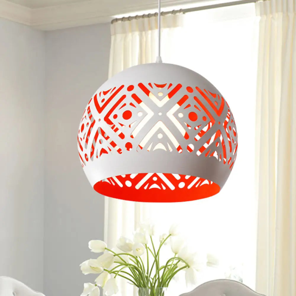 Modernist Iron Pendulum Light With White And Red Inner Design - 1-Light Hollowed-Out Dome Pendant