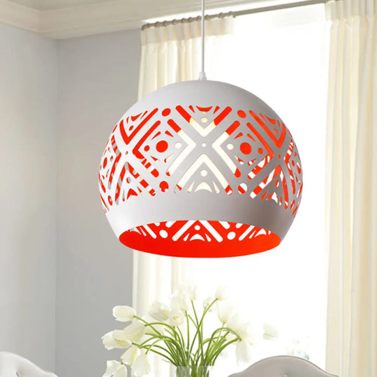 Modernist Iron Pendulum Light With White And Red Inner Design - 1-Light Hollowed-Out Dome Pendant