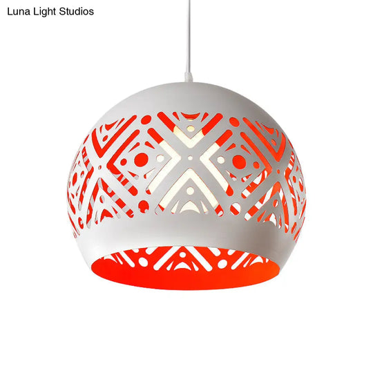 Modernist Iron Pendulum Light With White And Red Inner Design - 1-Light Hollowed-Out Dome Pendant