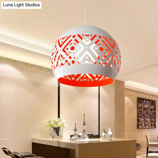 Modernist Iron Pendulum Light With White And Red Inner Design - 1-Light Hollowed-Out Dome Pendant