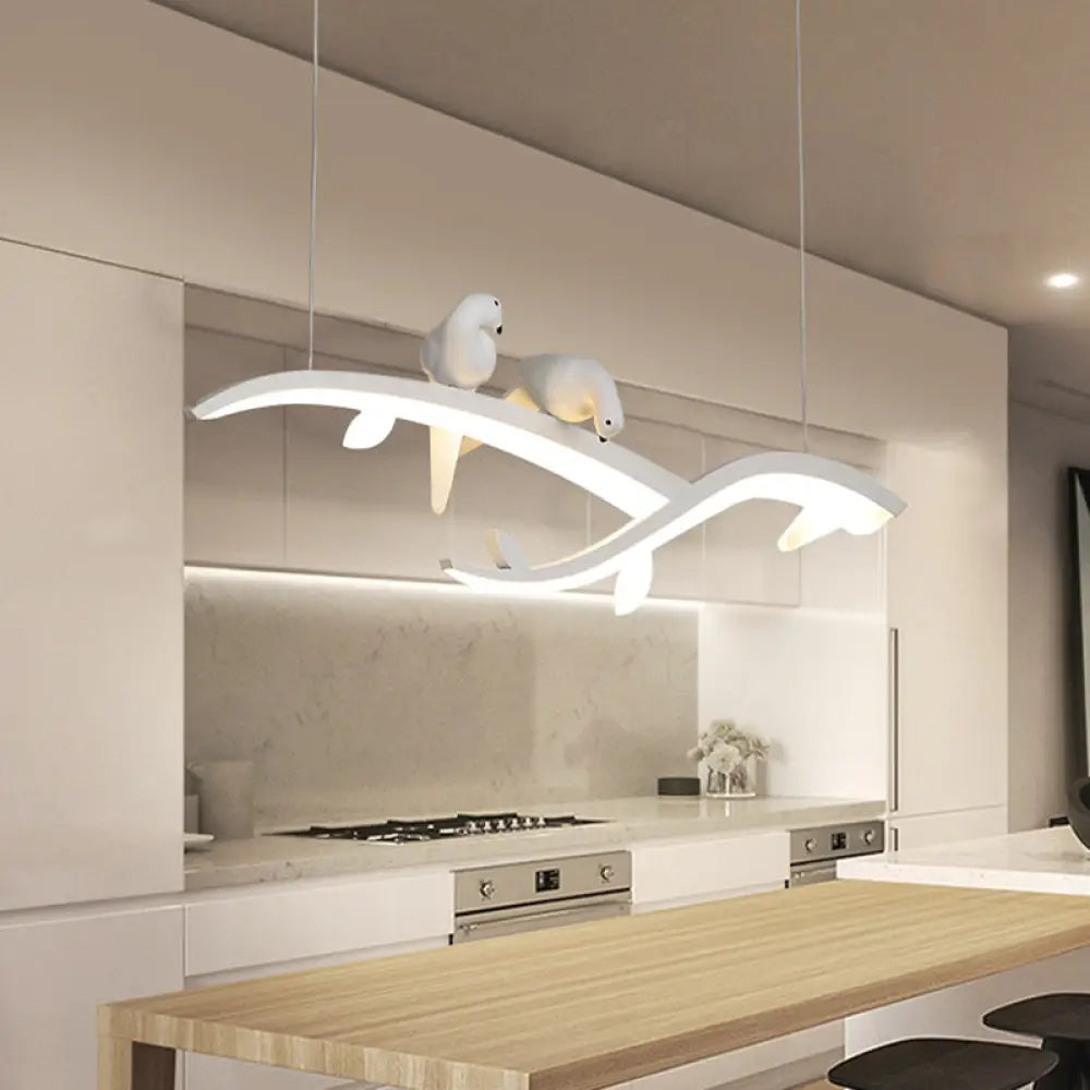 Modernist Led Acrylic Branch Suspension Light Pendant Ceiling Lamp With Bird Decor In White/Warm