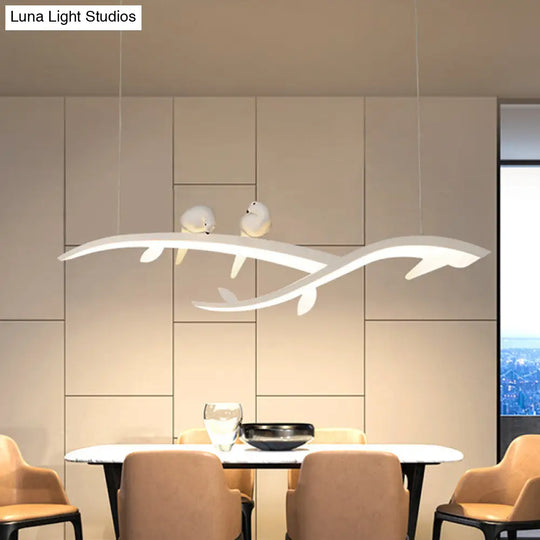 Modernist Led Acrylic Branch Suspension Light Pendant Ceiling Lamp With Bird Decor In White/Warm