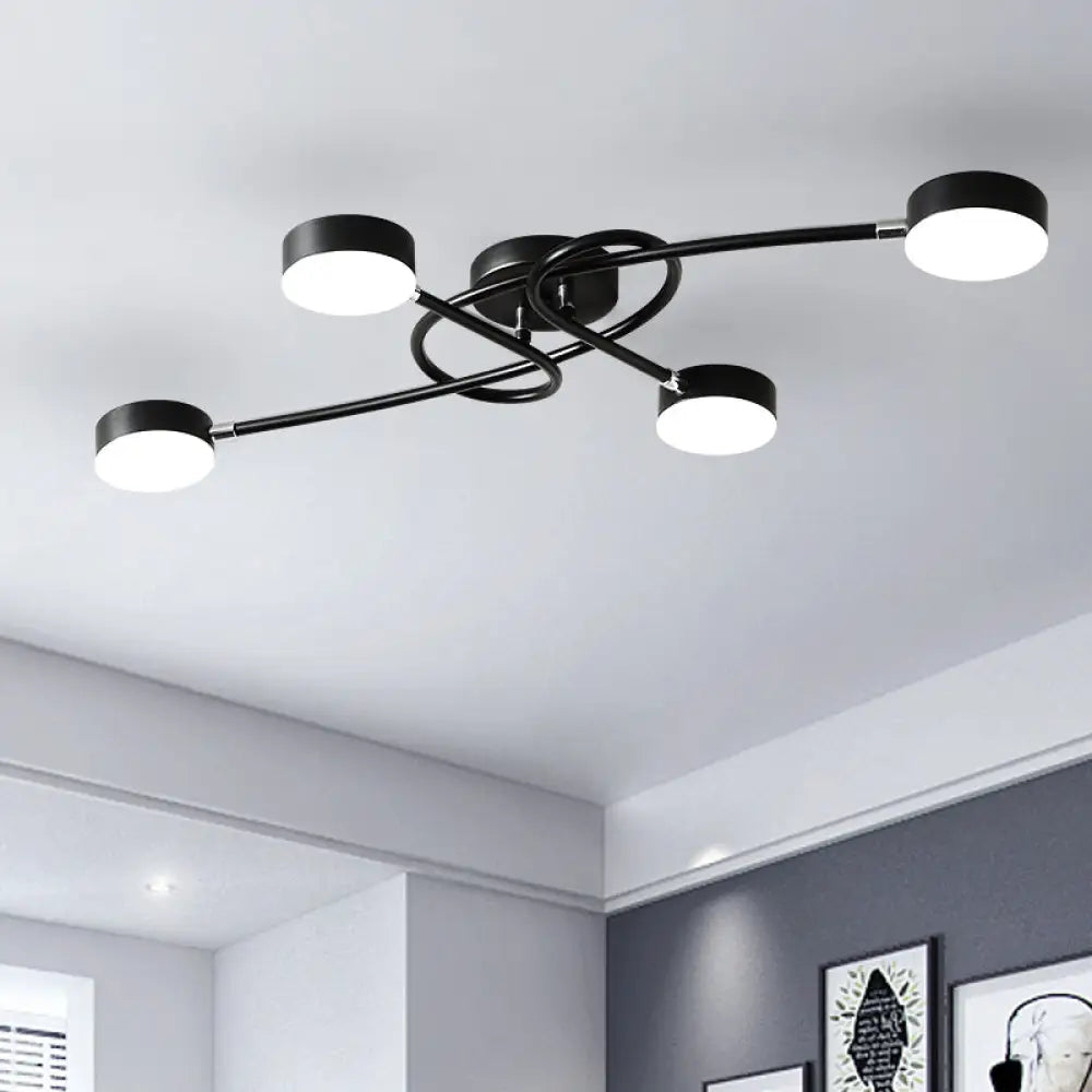 Modernist Led Drum Living Room Semi - Flush Black Ceiling Lamp With Twisted Arm 4 Lights