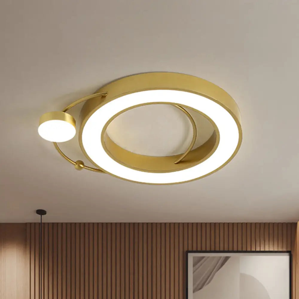 Modernist Led Gold Flush Mount Ceiling Light In White/Yellow: Hollow Metallic Design / White